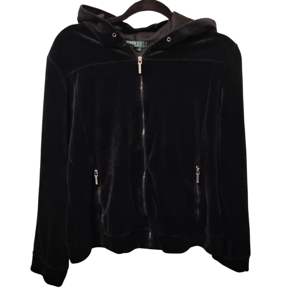 Ralph Lauren Black Velvet Women's Hoodie Jacket Size L Vtg